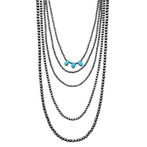 5 Layered Navajo Pearl Necklace w/ Turquoise Stone Teardrop Charm