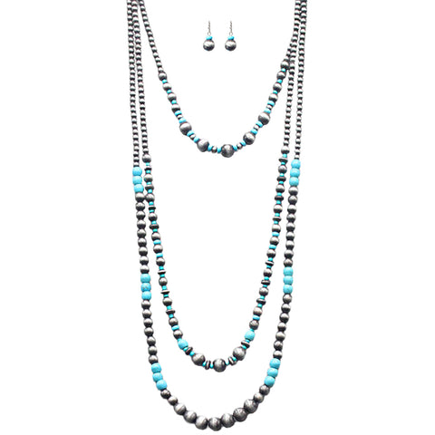 3 Layered Multi Size Navajo Pearl Bead & Turquoise Stone Bead & Earring Necklace Set