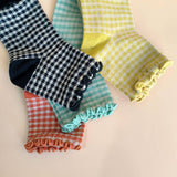 CHECK PLAID PATTERN RUFFLE CREW SOCKS FOR WOMENS
