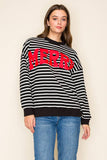 "MERRY" STRIPE L/S GRAPHIC SWEATSHIRT