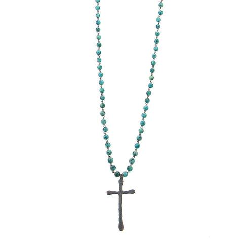 34" 8mm Real Stone Ball Linked Necklace w/Cross Pendent