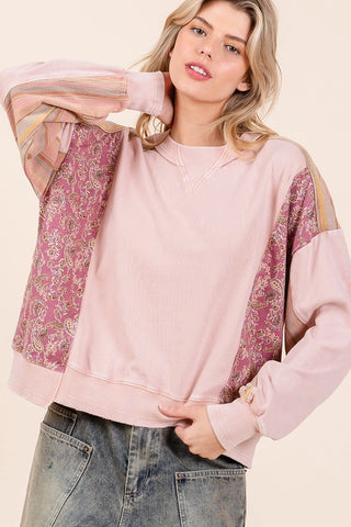 Paisley Stripe Print Mix Mineral Wash Pullover Top