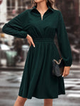 Smocked Johnny Collar Long Sleeve Dress