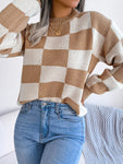 Checkered Mock Neck Long Sleeve Sweater