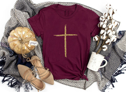 FALL MAROON GOLD CROSS TEE