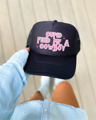 Cupid Find Me A Cowboy DTF Printed Black Trucker Hat