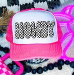 Checkered Howdy DTF Printed Neon Pink & White Trucker Hat