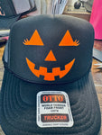 3D Neon Orange Vinyl Jack o Lantern Face on Black Foam Trucker Hat