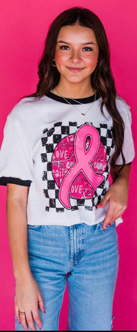 CHECKERED W/CANCER RIBBON TEE