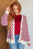 No Brainer Button Down Sweater Knit Cardigan in Magenta/Oatmeal