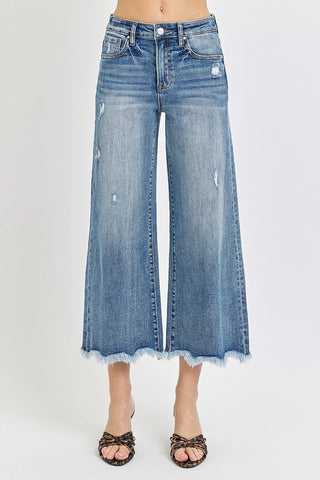 RISEN HIGH RISE WIDE LEG CROP FRAY HEM JEANS