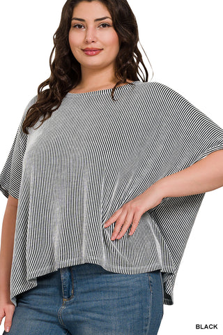 CURVY RIBBED STRIPED OVERSIZED SHORT SLEEVE TOP