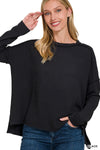 Textured line raw edge boat neck long sleeve top