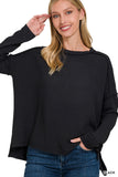 Textured line raw edge boat neck long sleeve top