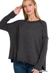 Textured line raw edge boat neck long sleeve top