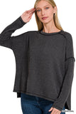 Textured line raw edge boat neck long sleeve top