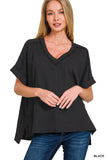 Corded rib short sleeve hi-low v neck top