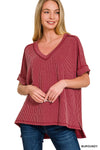 Corded rib short sleeve hi-low v neck top