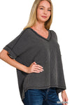 Corded rib short sleeve hi-low v neck top