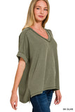 Corded rib short sleeve hi-low v neck top