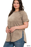 Zenana French Terry Acid Wash Short Cuff Sleeve Pullover (curvy)