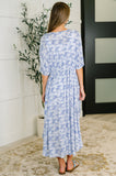 Tropical Print Gauze Kimono with Elastic Waist Tie in Periwinkle