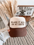 Blame It All on My Roots DTF Printed Brown & Tan Trucker Hat