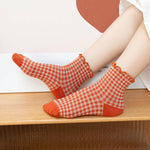 CHECK PLAID PATTERN RUFFLE CREW SOCKS FOR WOMENS