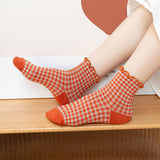 CHECK PLAID PATTERN RUFFLE CREW SOCKS FOR WOMENS