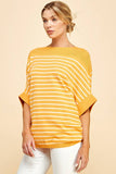 Viscose Roll Up Half Sleeve Boat Neck Striped Sweater