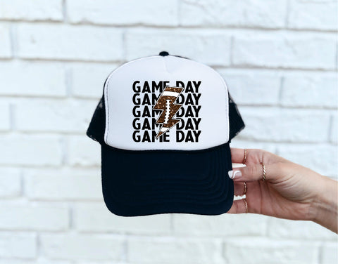 Game Day Football Bolt DTF Printed Black & White Trucker Hat