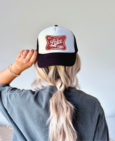 It's Lake Time DTF Printed Black and White Trucker Hat