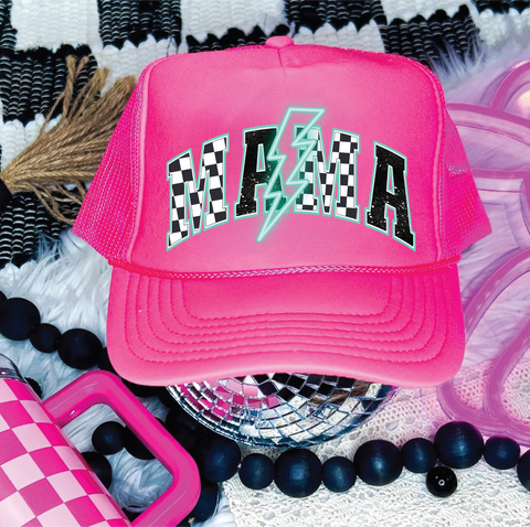 Mama Checkered Bolt DTF Printed Neon Pink Trucker Hat