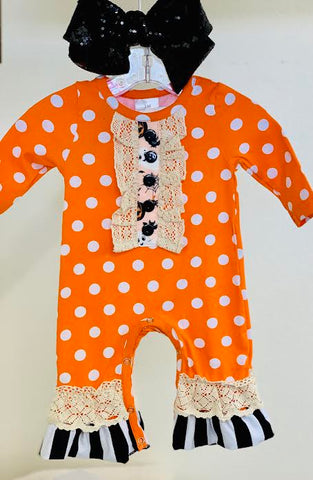 ORANGE/BLACK POLKADOT RUFFLE ROMPER