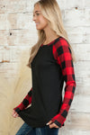 PLAID SOLID CONTRAST LS TOP