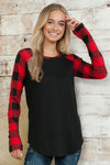 PLAID SOLID CONTRAST LS TOP