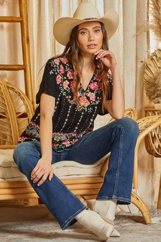 The Floral Embroidery V Neck Top