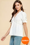 CURVY SOLID RUFFLE V NECK BABY DOLL SS TOP