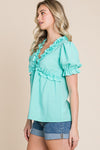 SOLID RUFFLE V NECK BABY DOLL SS TOP