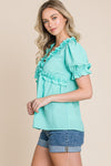 SOLID RUFFLE V NECK BABY DOLL SS TOP