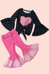 PINK SEQUINS HEART W/DENIM BELL PANTS