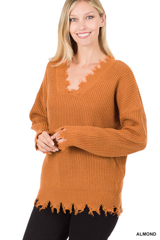 DROP SHOULDER DISTRESSED SWEATER