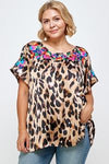 FLORAL EMBROIDERY ANIMAL PRINT TOP