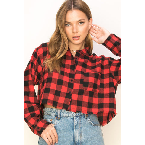 SEE YA PLAID PRINT BUTTON-UP CROP TOP